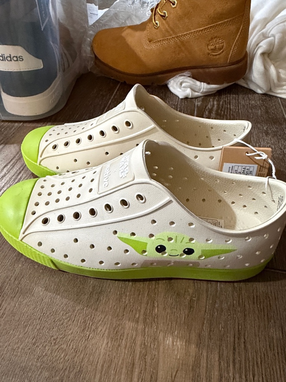 Native Shoes Kids Slip-Ons in Cream & Lime with Character Graphic
